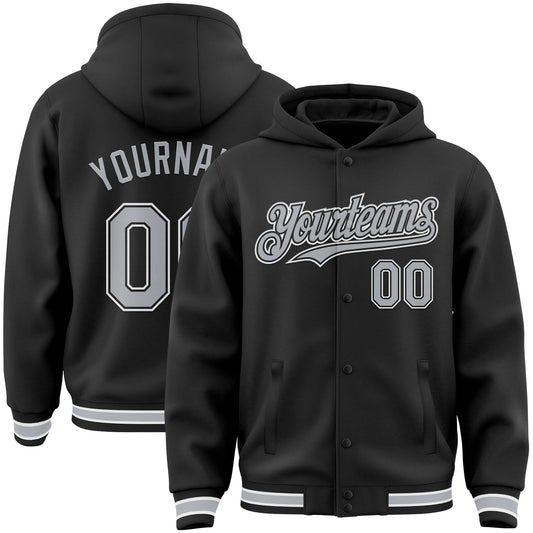 Custom Black Gray-White Bomber Full-Snap Varsity Letterman Hoodie Jacket - Main View