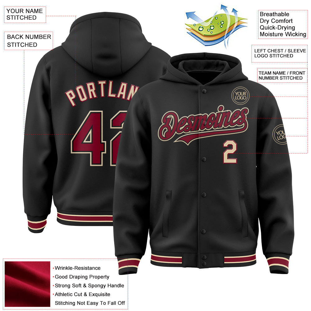 Custom Black Crimson-City Cream Bomber Full-Snap Varsity Letterman Hoodie Jacket view 3