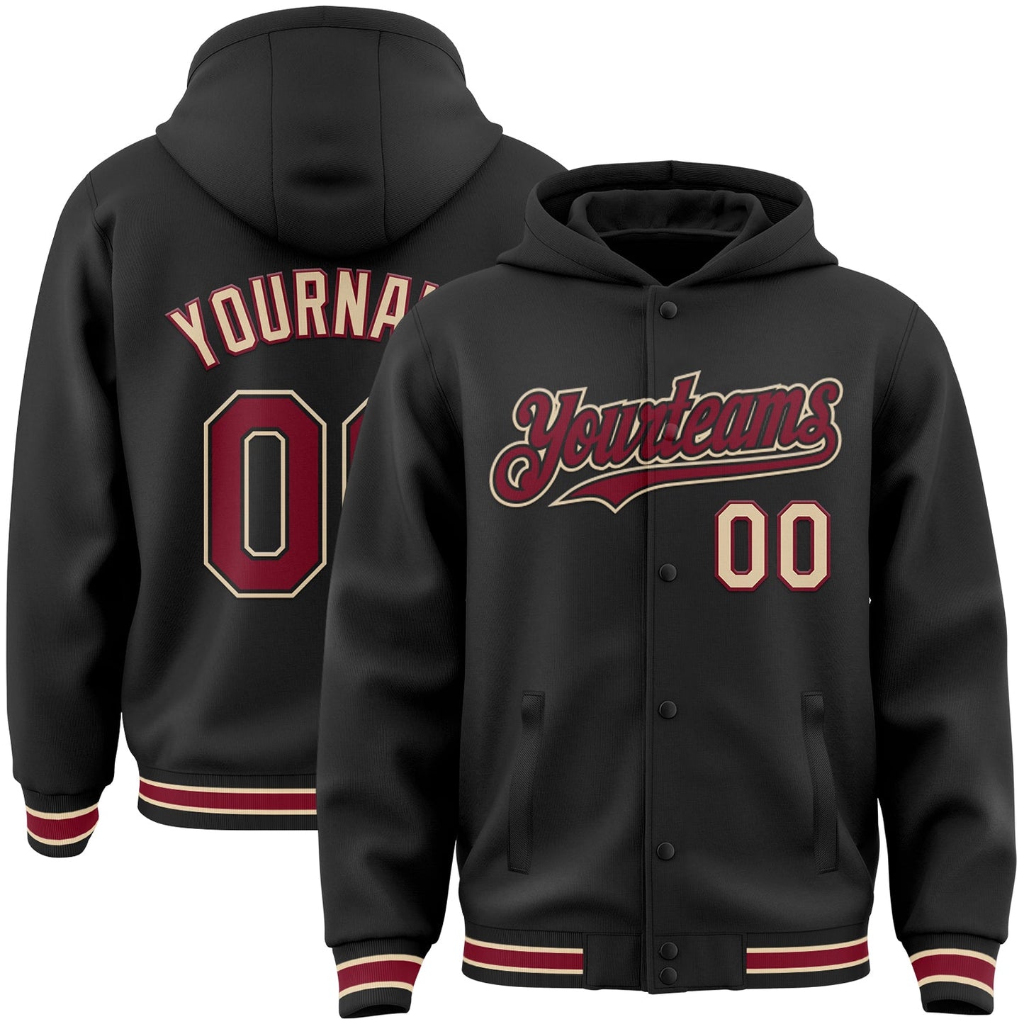 Custom Black Crimson-City Cream Bomber Full-Snap Varsity Letterman Hoodie Jacket - Main View