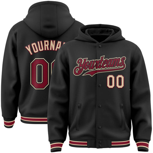Custom Black Crimson-City Cream Bomber Full-Snap Varsity Letterman Hoodie Jacket - Main View