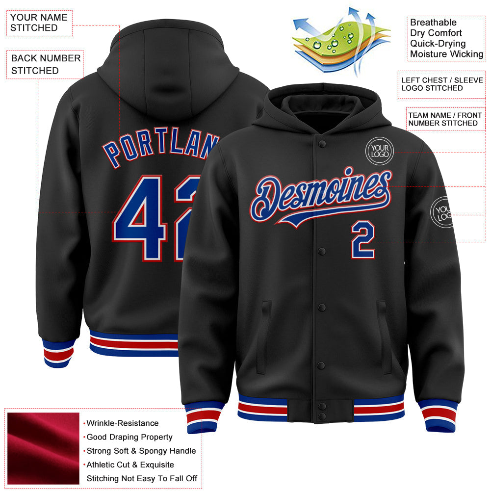 Custom Black Royal-Red Bomber Full-Snap Varsity Letterman Hoodie Jacket view 3