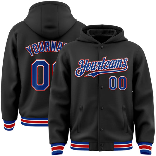 Custom Black Royal-Red Bomber Full-Snap Varsity Letterman Hoodie Jacket - Main View