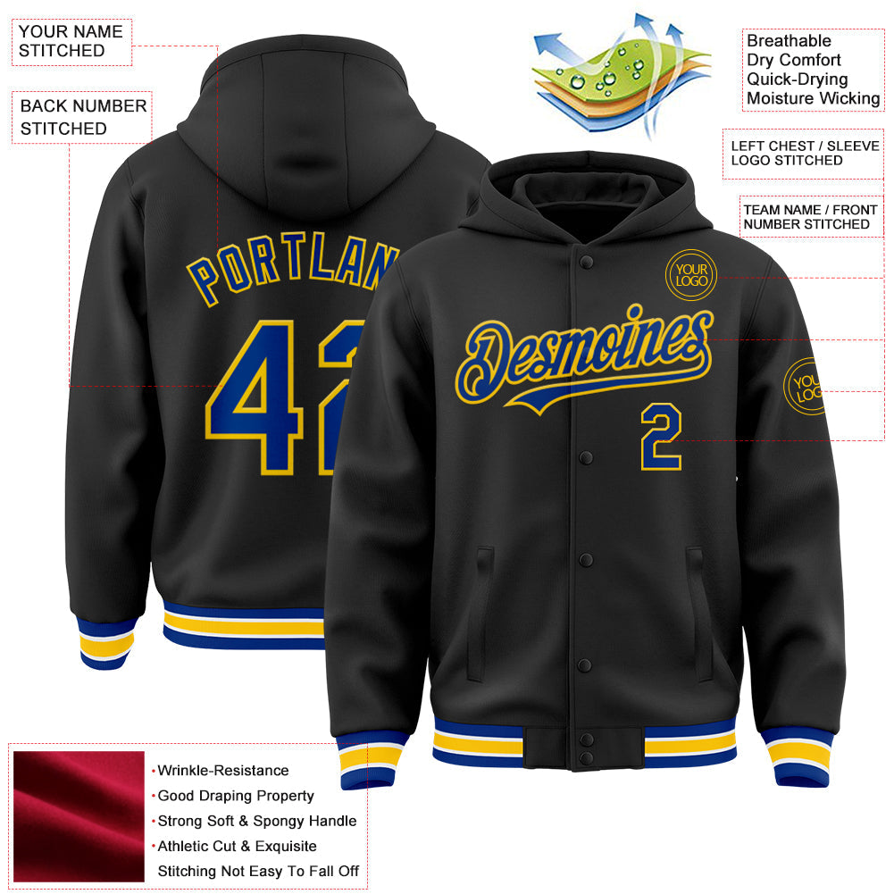 Custom Black Royal-Yellow Bomber Full-Snap Varsity Letterman Hoodie Jacket view 3
