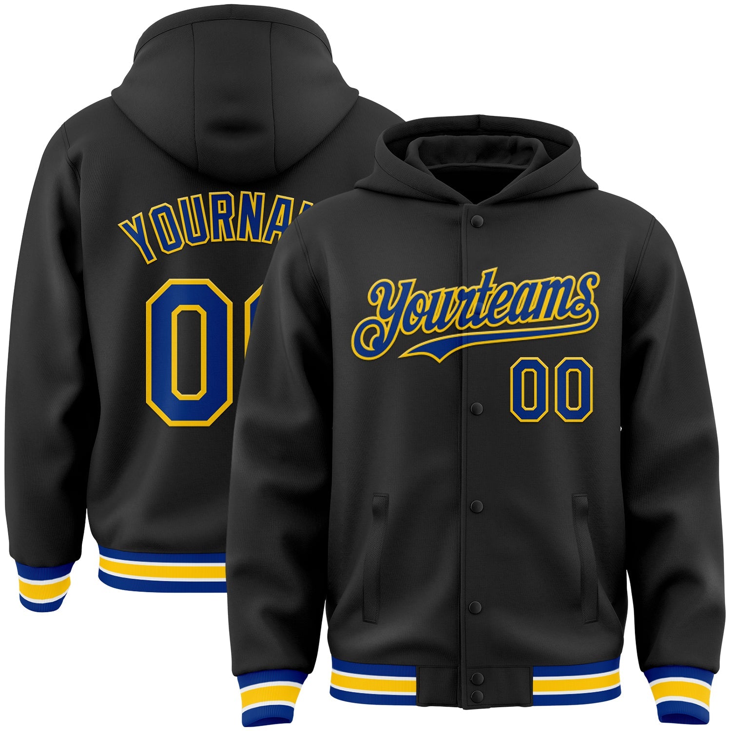 Custom Black Royal-Yellow Bomber Full-Snap Varsity Letterman Hoodie Jacket - Main View