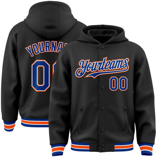 Custom Black Royal-Orange Bomber Full-Snap Varsity Letterman Hoodie Jacket - Main View