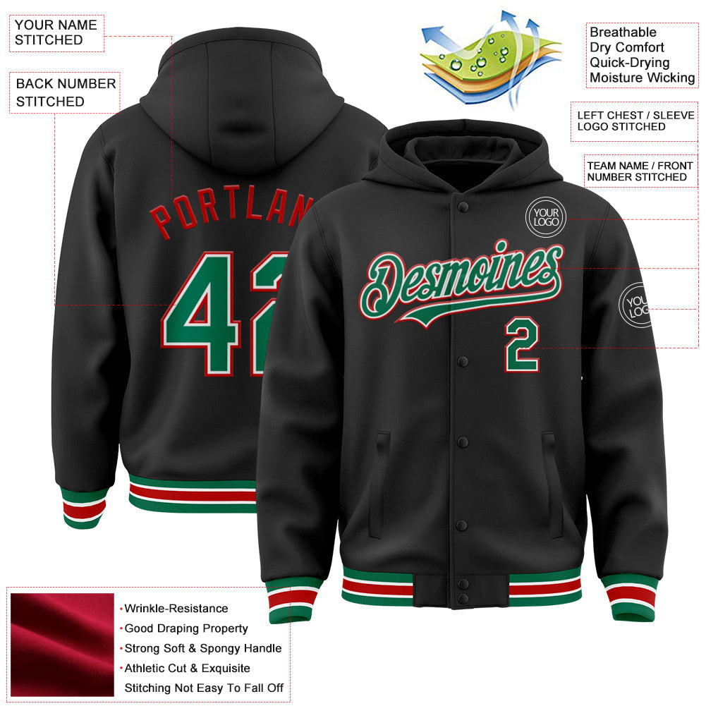 Custom Black Kelly Green-Red Bomber Full-Snap Varsity Letterman Hoodie Jacket view 3