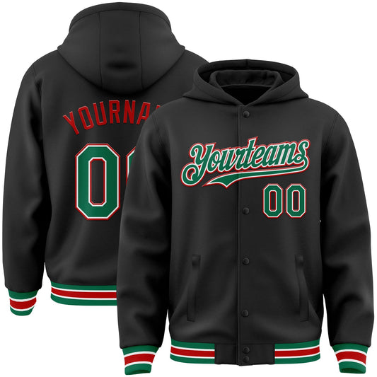 Custom Black Kelly Green-Red Bomber Full-Snap Varsity Letterman Hoodie Jacket - Main View