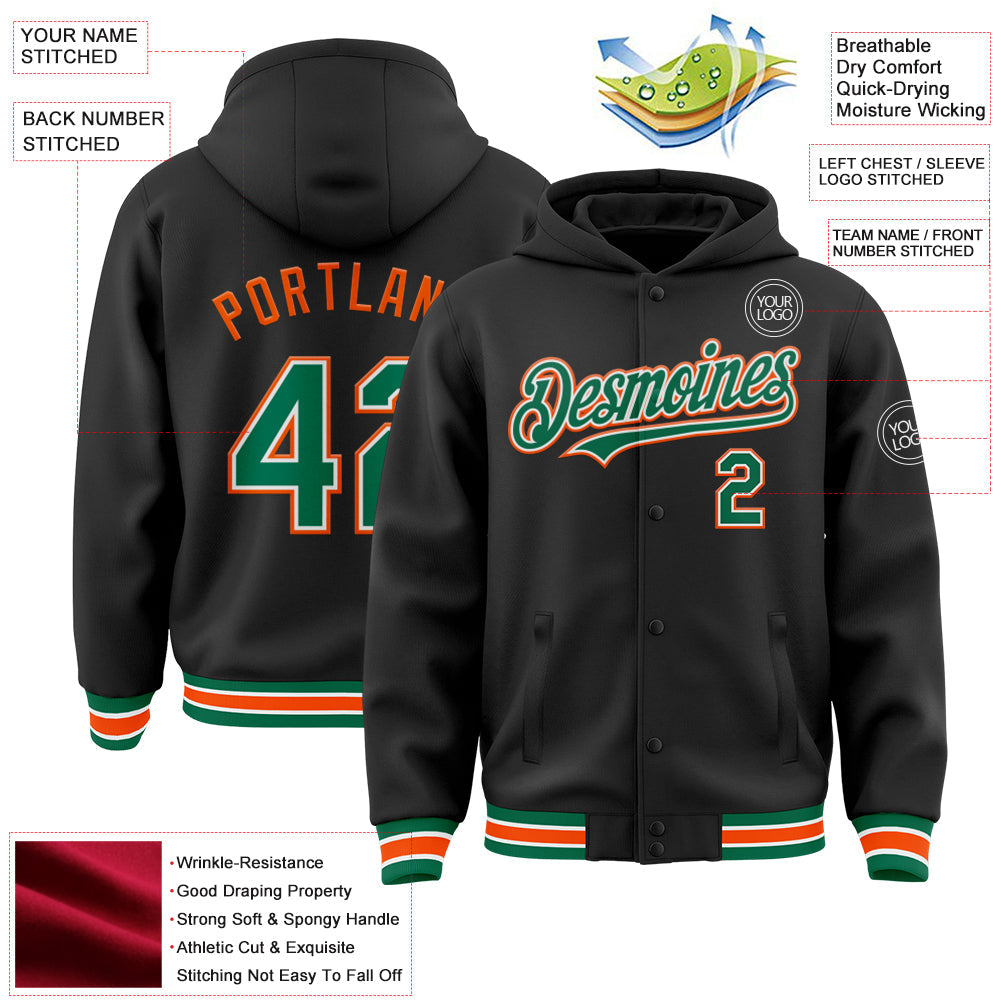 Custom Black Kelly Green-Orange Bomber Full-Snap Varsity Letterman Hoodie Jacket view 3