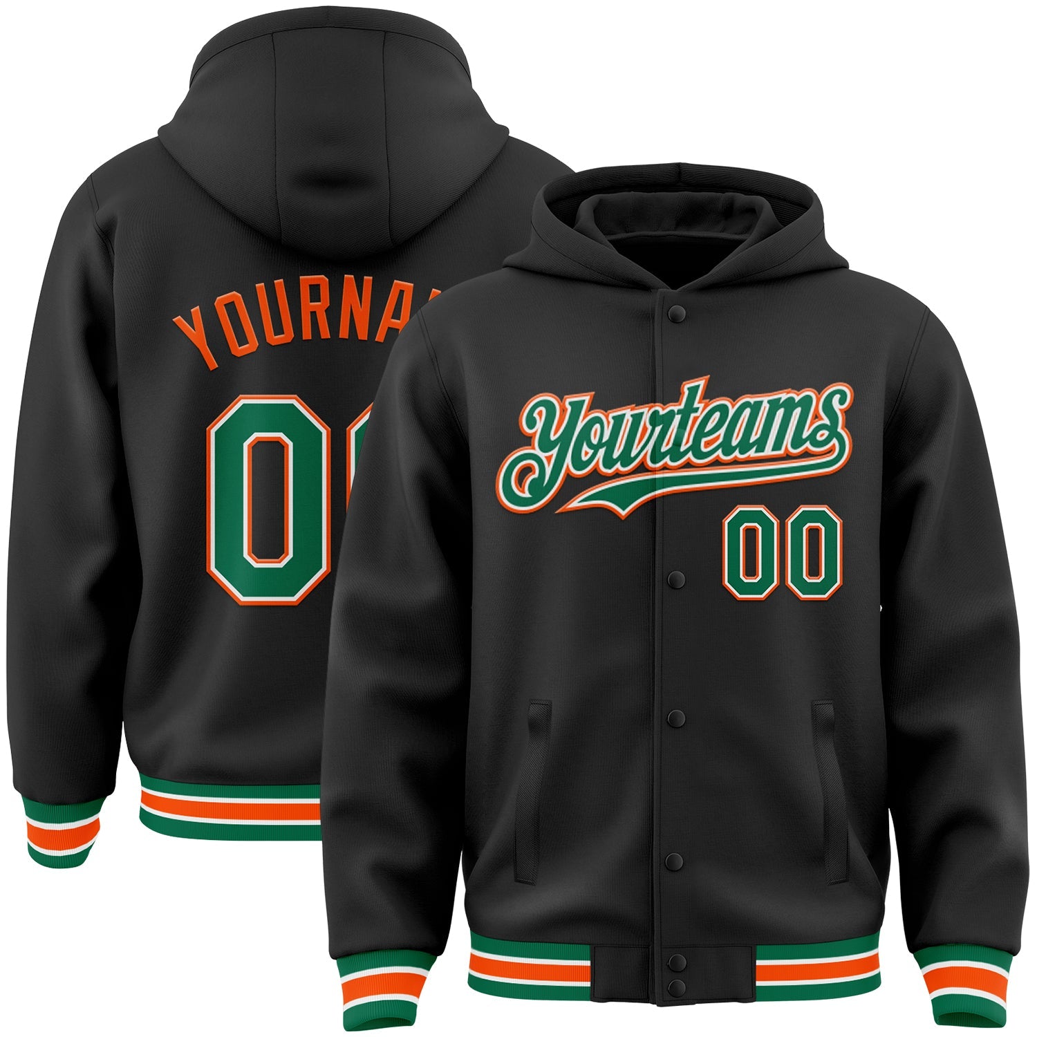 Custom Black Kelly Green-Orange Bomber Full-Snap Varsity Letterman Hoodie Jacket - Main View