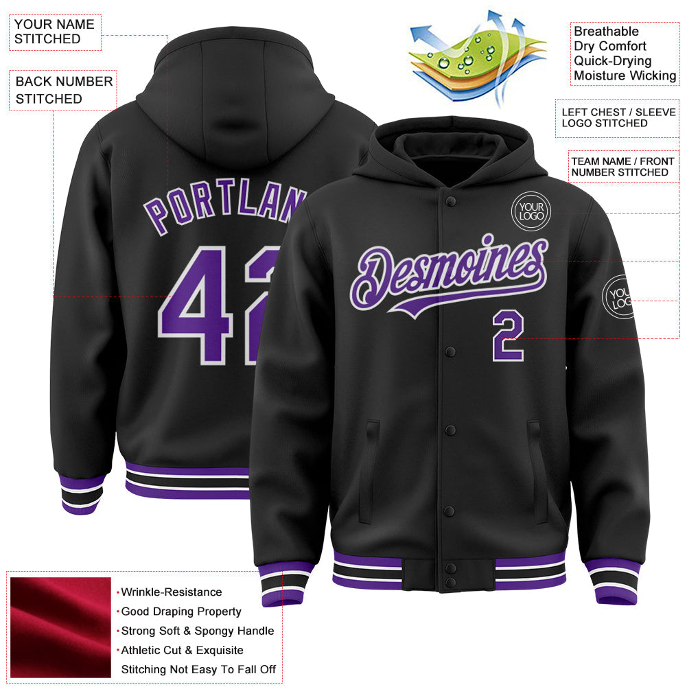 Custom Black Purple-White Bomber Full-Snap Varsity Letterman Hoodie Jacket view 3