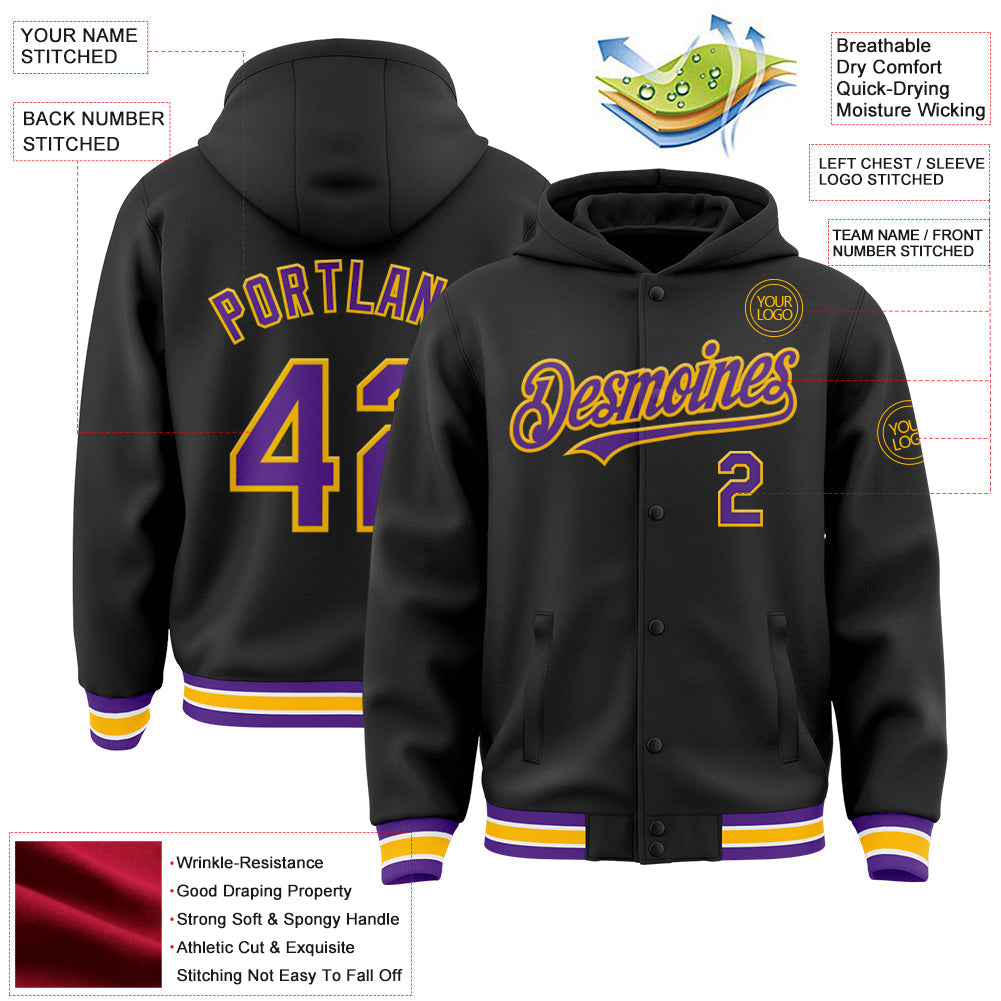 Custom Black Purple-Gold Bomber Full-Snap Varsity Letterman Hoodie Jacket view 3