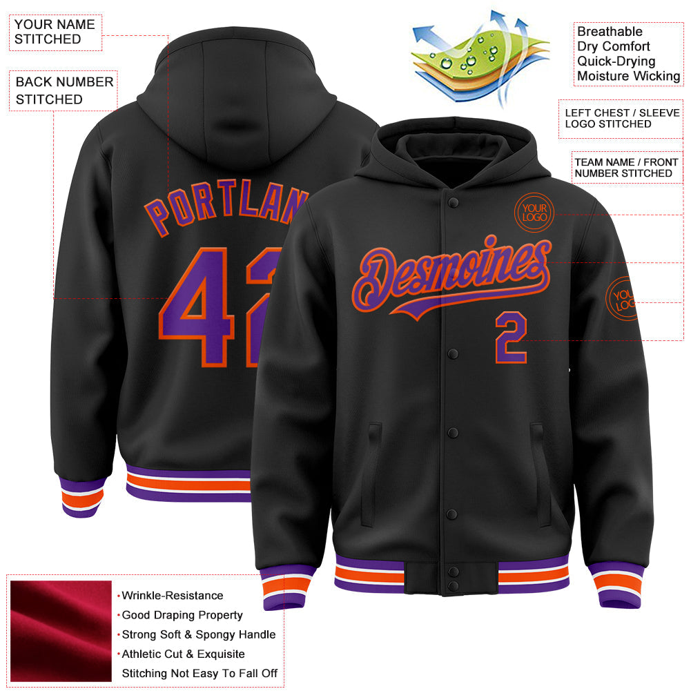 Custom Black Purple-Orange Bomber Full-Snap Varsity Letterman Hoodie Jacket view 3