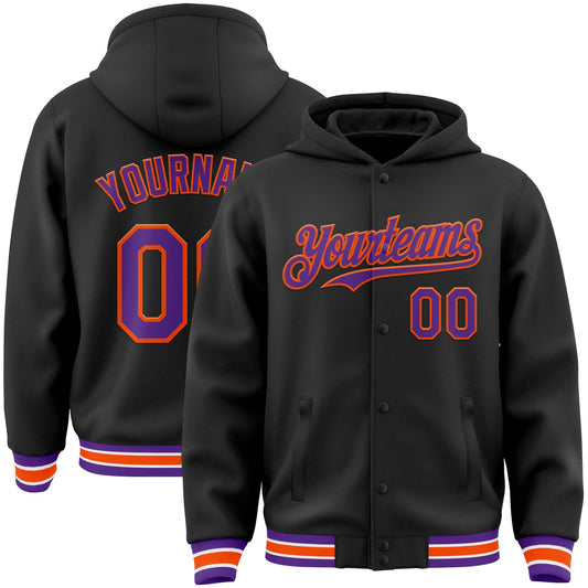 Custom Black Purple-Orange Bomber Full-Snap Varsity Letterman Hoodie Jacket - Main View