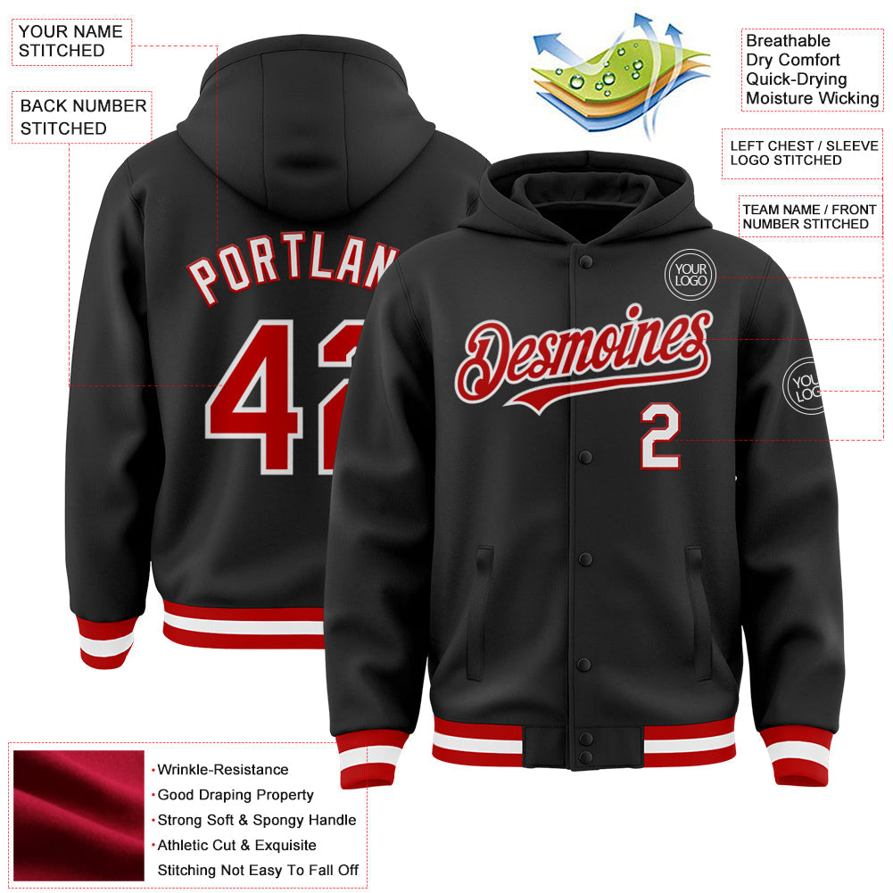 Custom Black Red-White Bomber Full-Snap Varsity Letterman Hoodie Jacket view 3