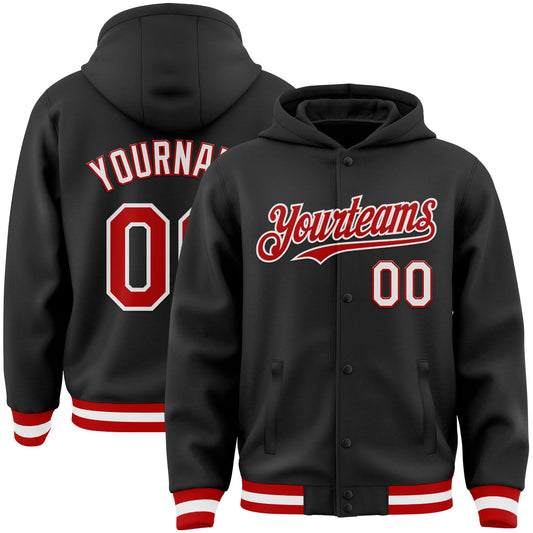 Custom Black Red-White Bomber Full-Snap Varsity Letterman Hoodie Jacket - Main View