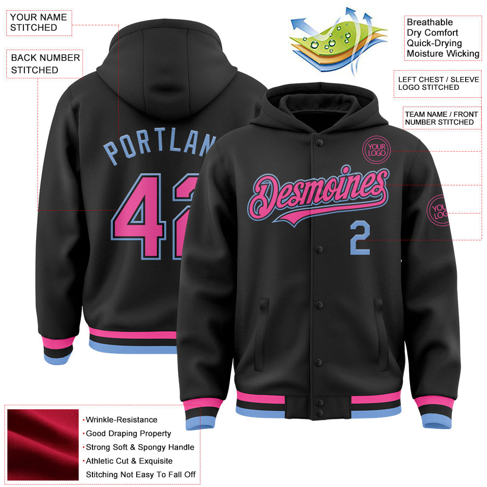 Custom Black Pink-Light Blue Bomber Full-Snap Varsity Letterman Hoodie Jacket view 3