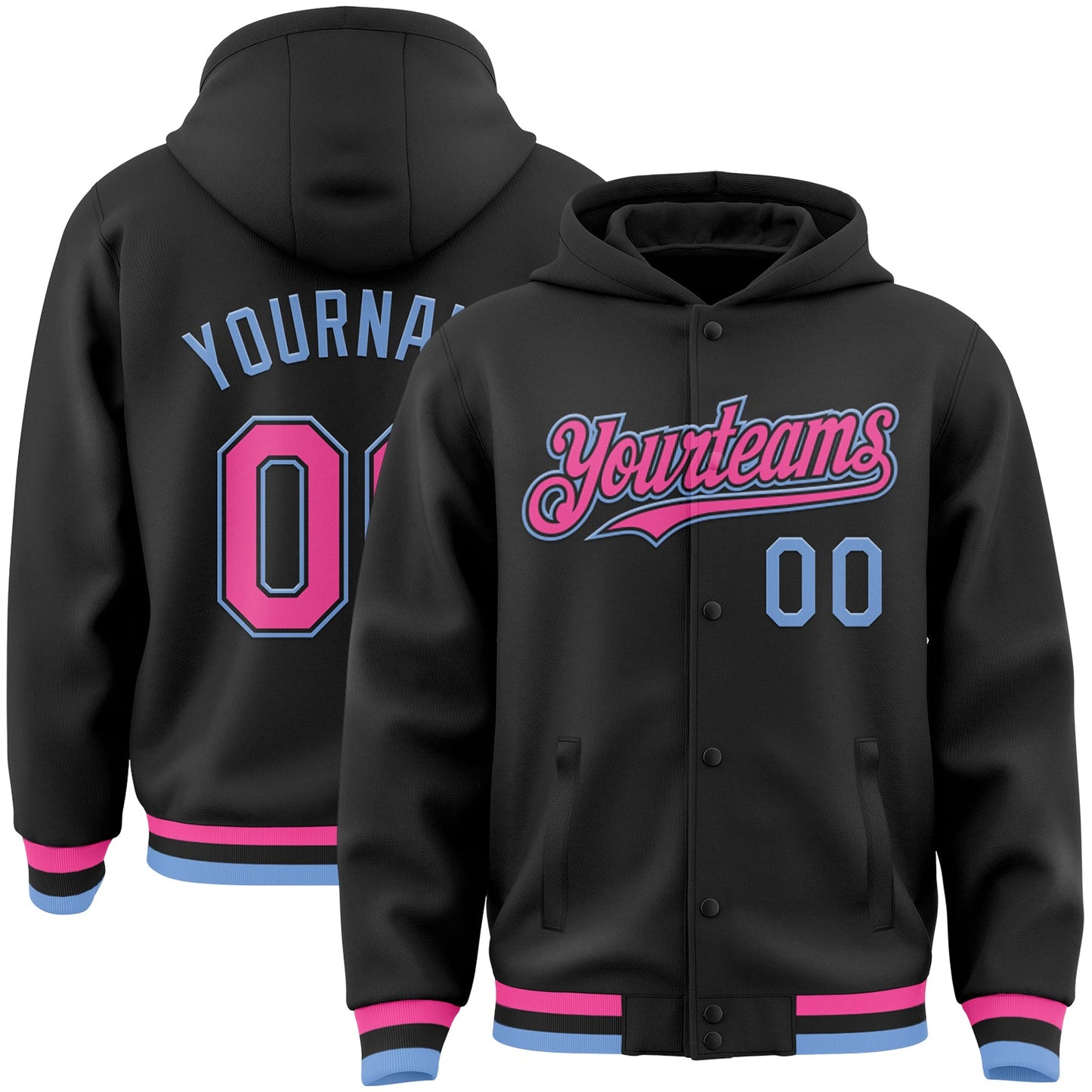 Custom Black Pink-Light Blue Bomber Full-Snap Varsity Letterman Hoodie Jacket - Main View