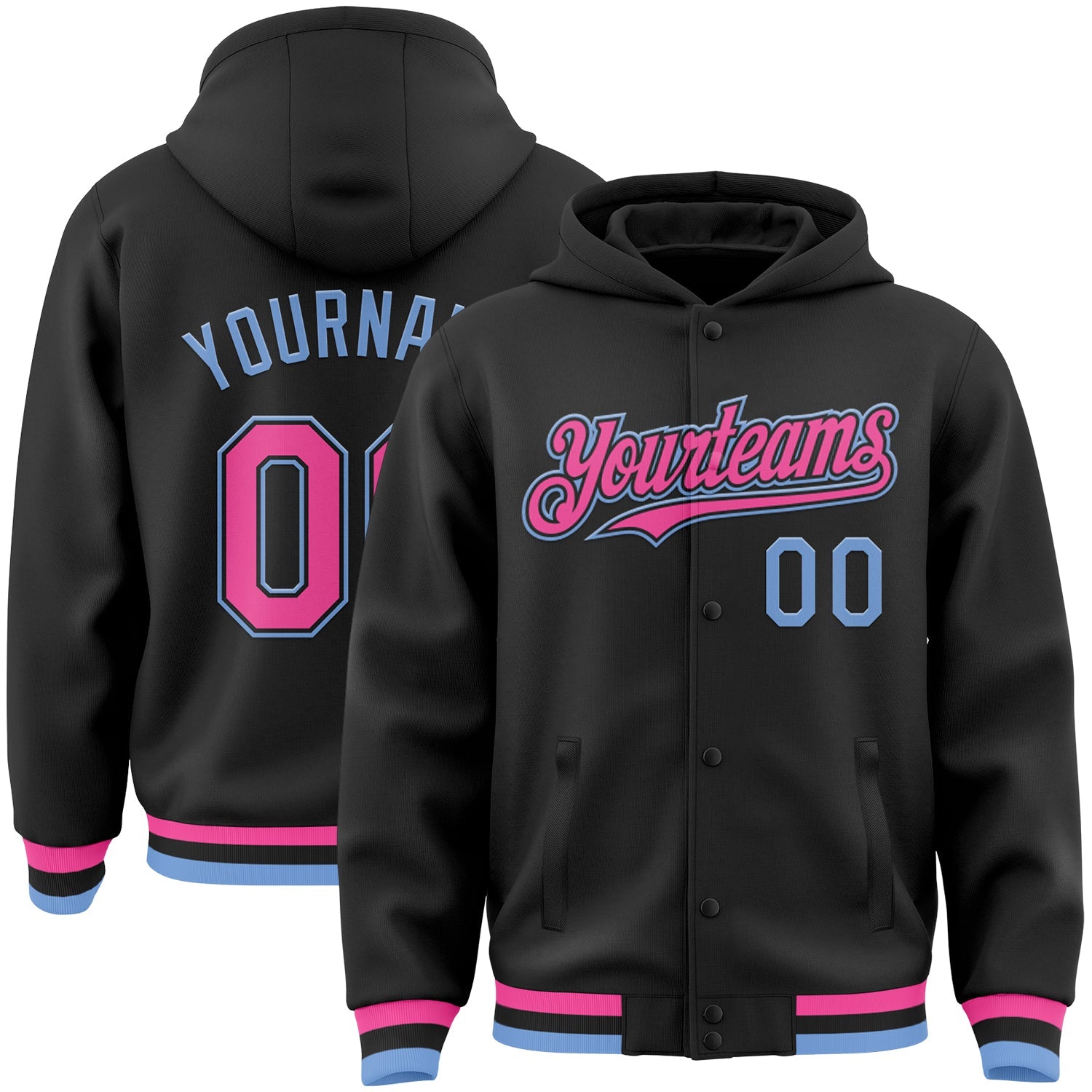 Custom Black Pink-Light Blue Bomber Full-Snap Varsity Letterman Hoodie Jacket - Main View