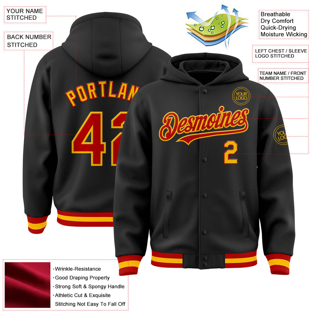 Custom Black Red-Gold Bomber Full-Snap Varsity Letterman Hoodie Jacket view 3