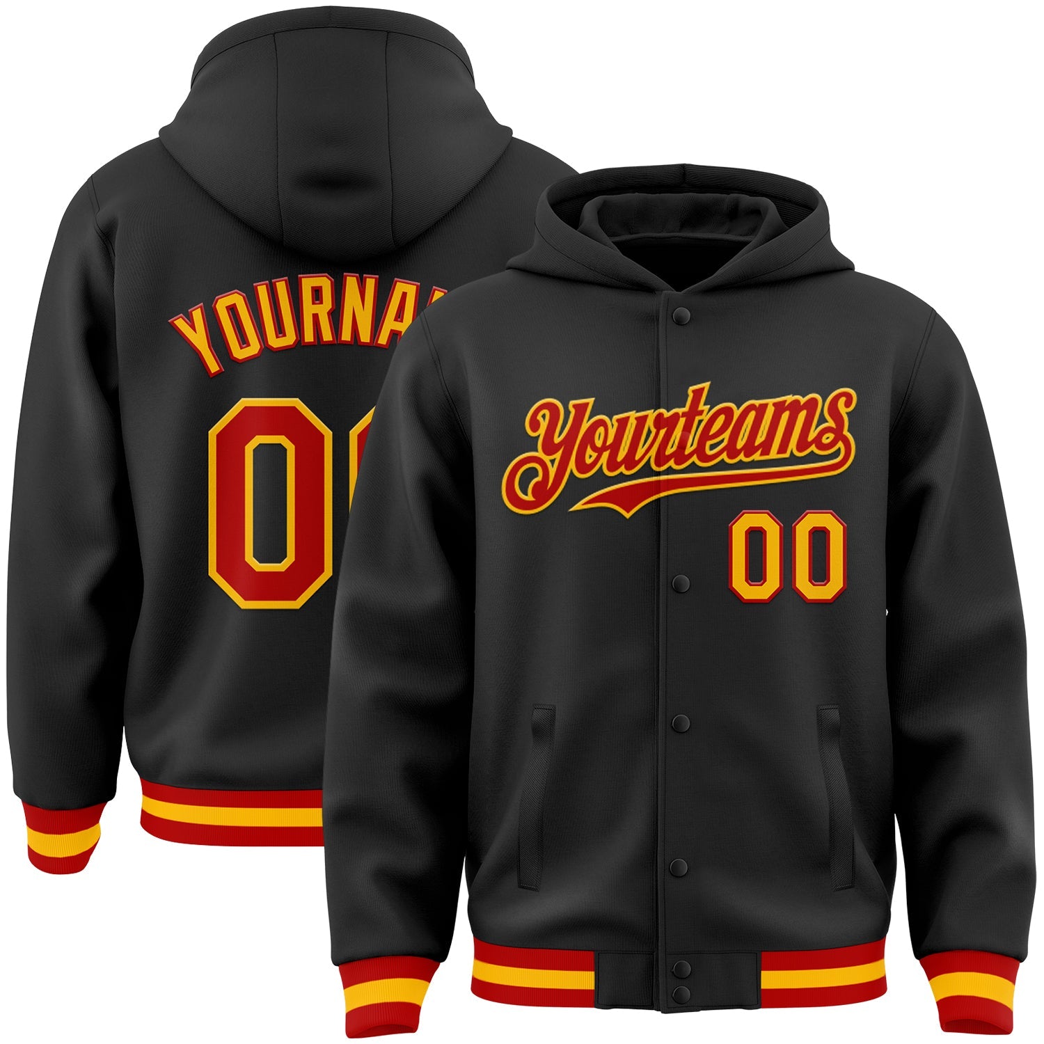 Custom Black Red-Gold Bomber Full-Snap Varsity Letterman Hoodie Jacket - Main View