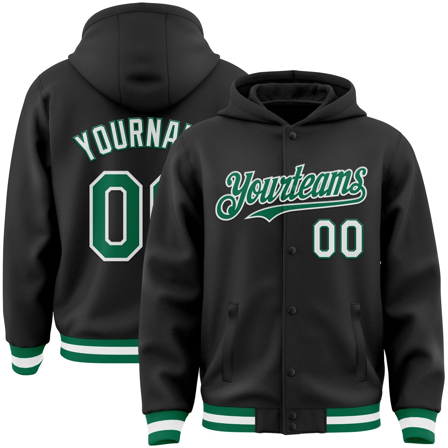 Custom Black Kelly Green-White Bomber Full-Snap Varsity Letterman Hoodie Jacket - Main View