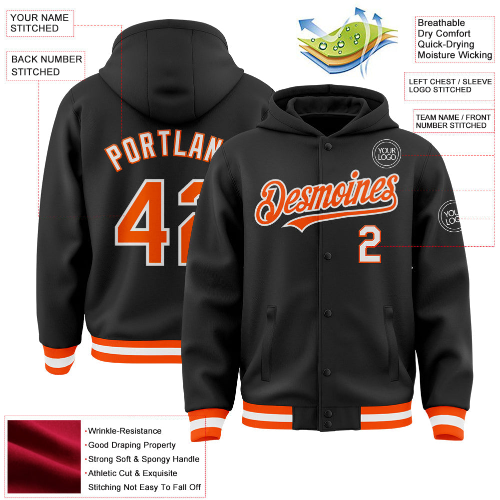 Custom Black Orange-White Bomber Full-Snap Varsity Letterman Hoodie Jacket view 3