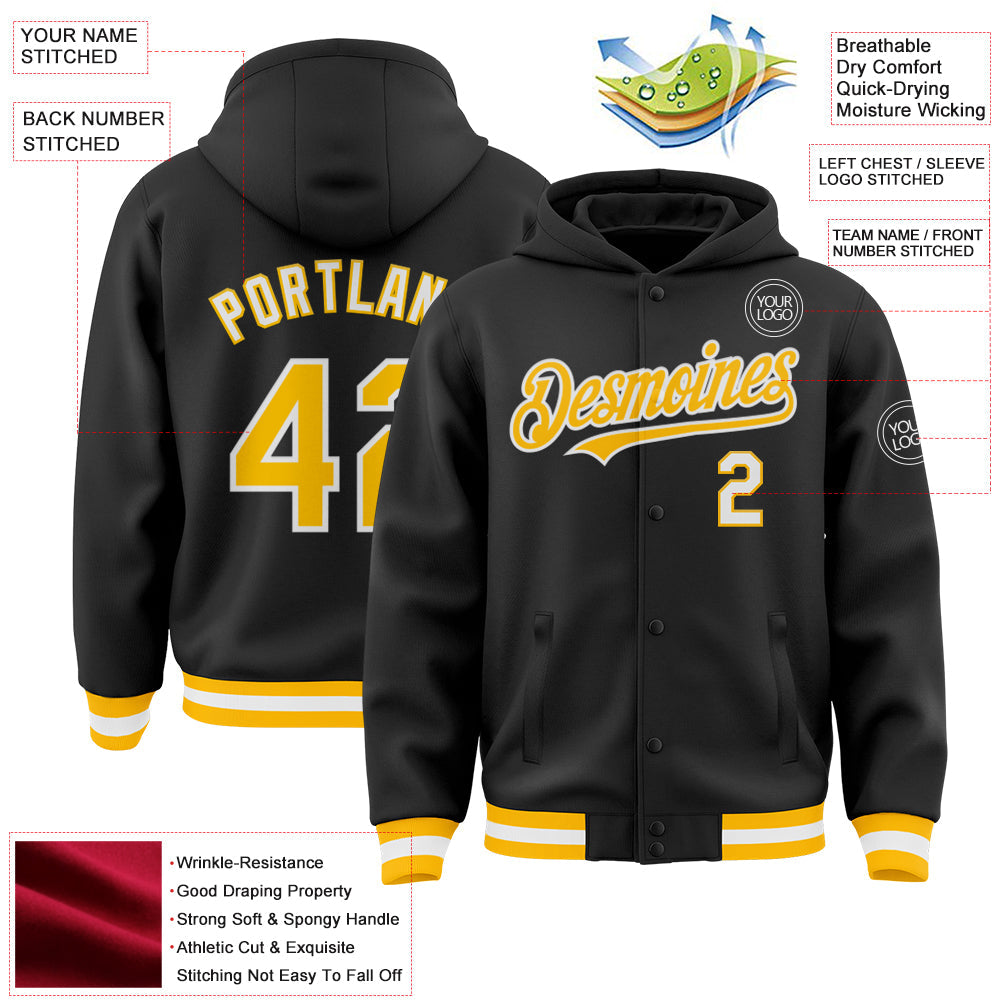 Custom Black Gold-White Bomber Full-Snap Varsity Letterman Hoodie Jacket view 3