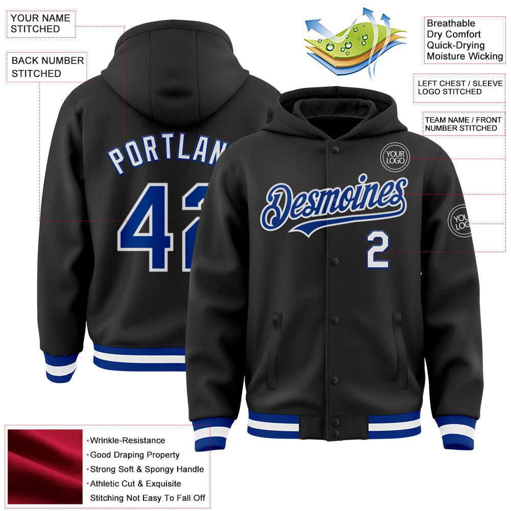 Custom Black Royal-White Bomber Full-Snap Varsity Letterman Hoodie Jacket view 3