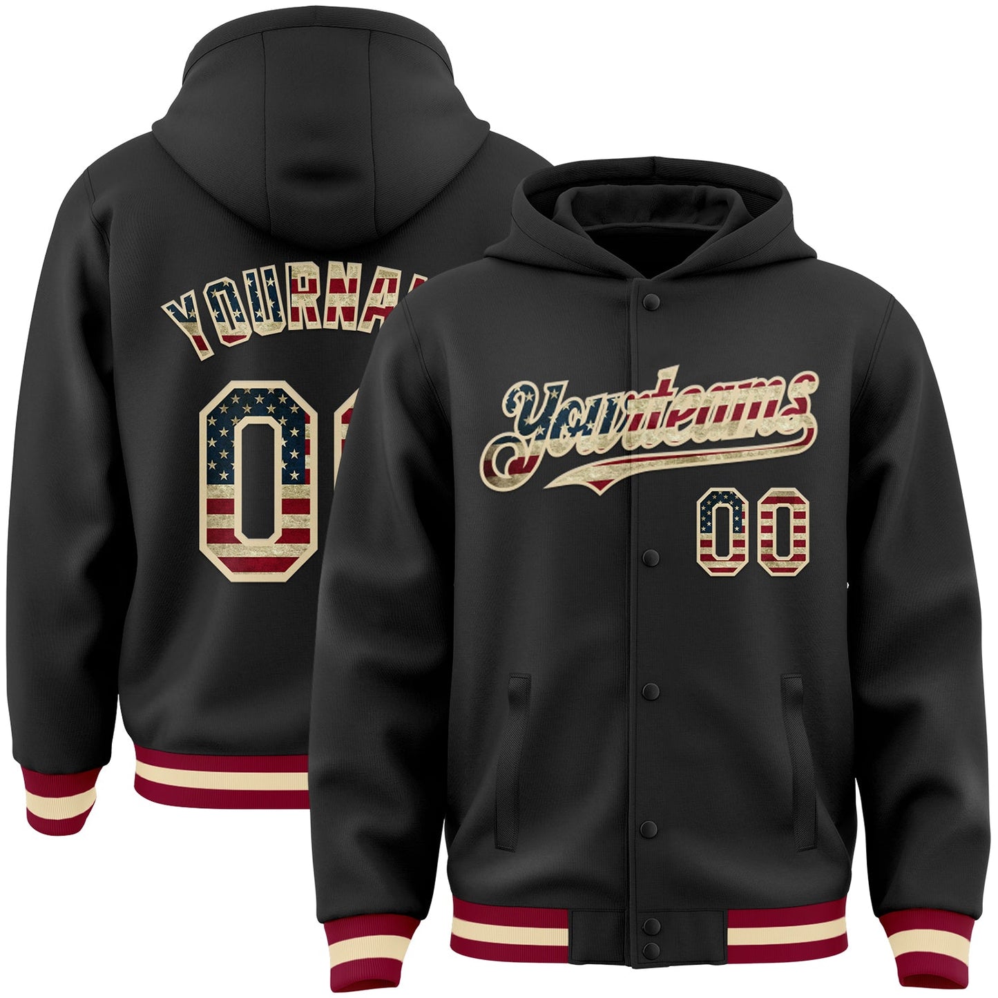 Custom Black Vintage USA Flag Cream-Maroon Bomber Full-Snap Varsity Letterman Hoodie Jacket - Main View