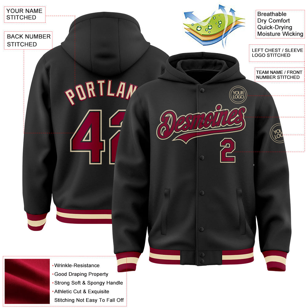 Custom Black Maroon-Cream Bomber Full-Snap Varsity Letterman Hoodie Jacket view 3