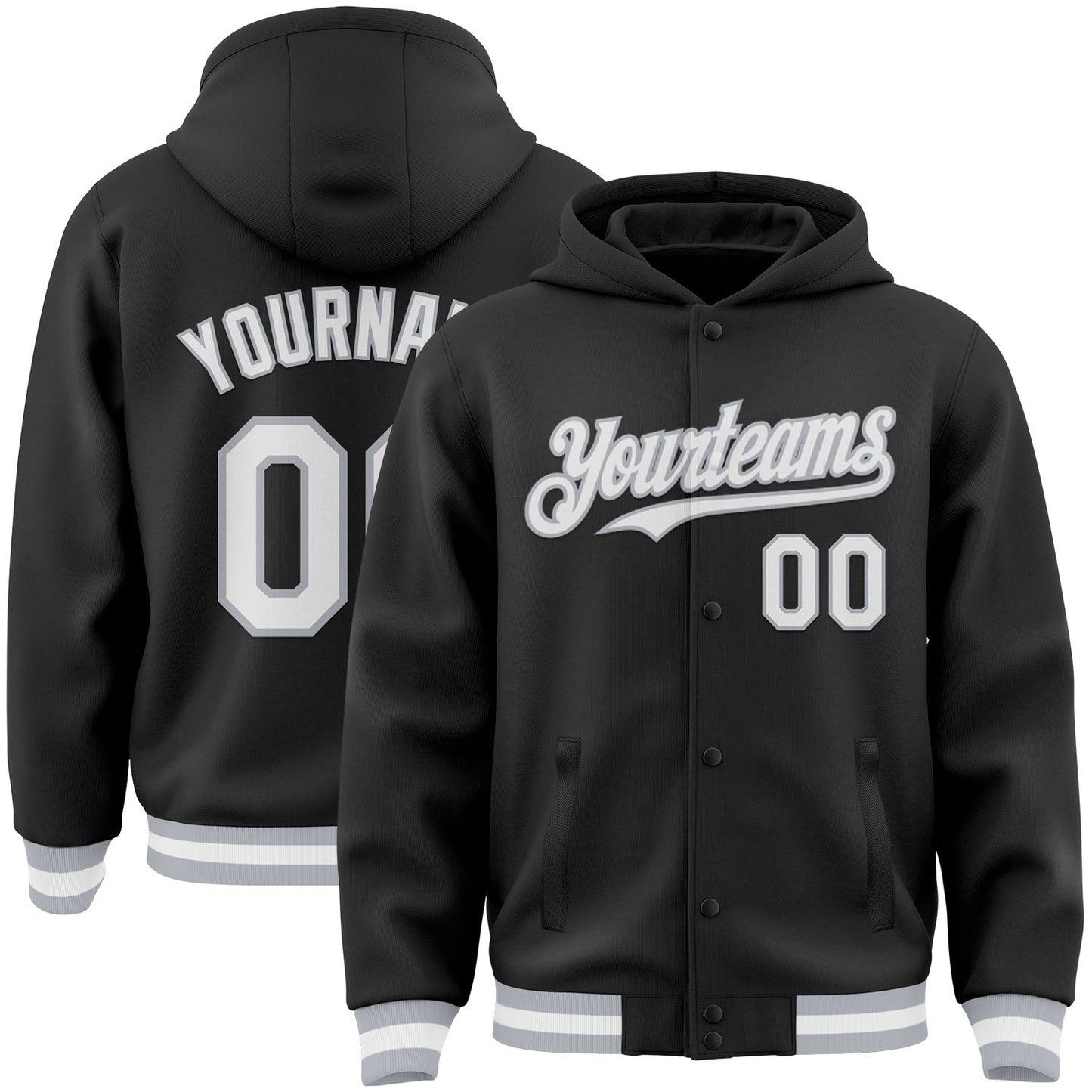 Custom Black White-Gray Bomber Full-Snap Varsity Letterman Hoodie Jacket - Main View