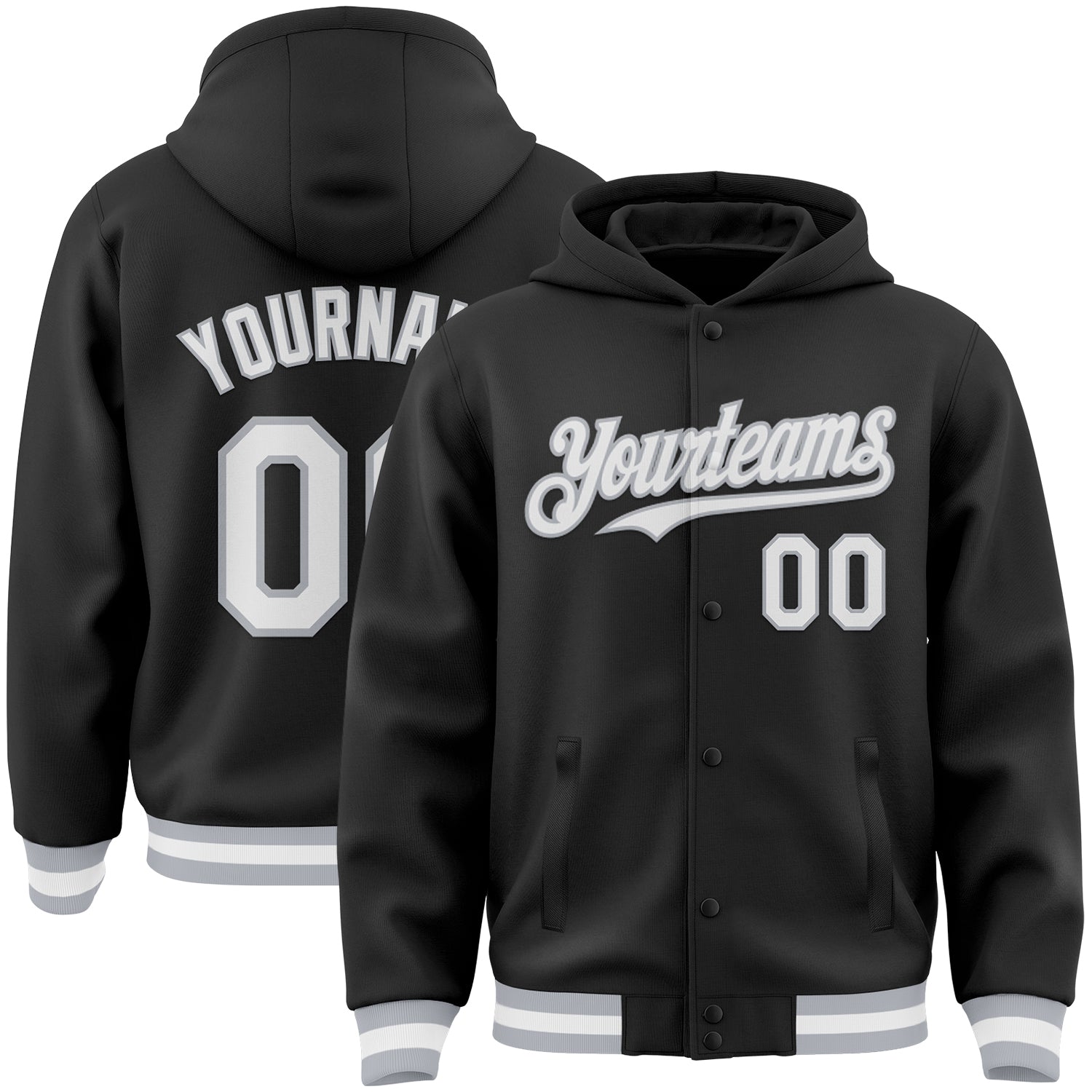 Custom Black White-Gray Bomber Full-Snap Varsity Letterman Hoodie Jacket - Main View