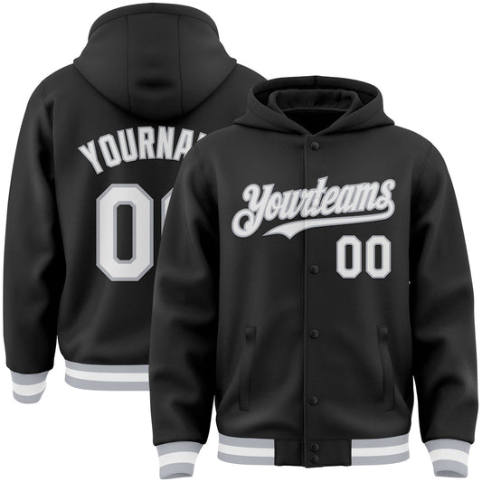 Custom Black White-Gray Bomber Full-Snap Varsity Letterman Hoodie Jacket - Main View