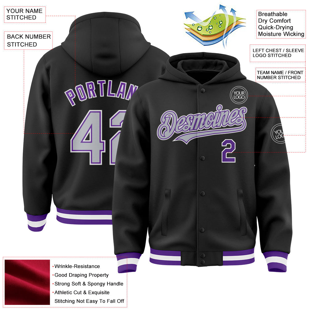 Custom Black Gray-Purple Bomber Full-Snap Varsity Letterman Hoodie Jacket view 3