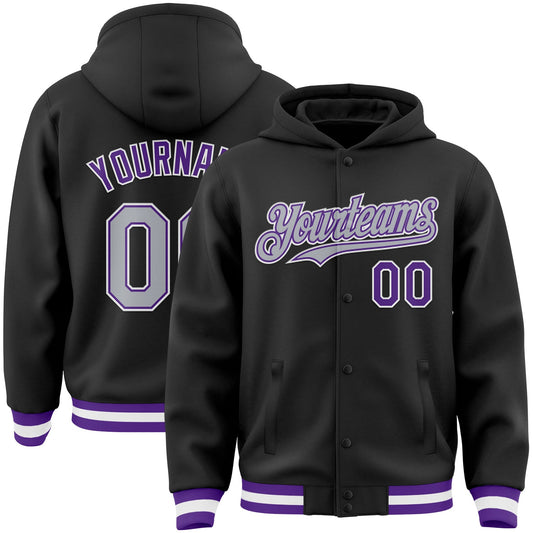 Custom Black Gray-Purple Bomber Full-Snap Varsity Letterman Hoodie Jacket - Main View