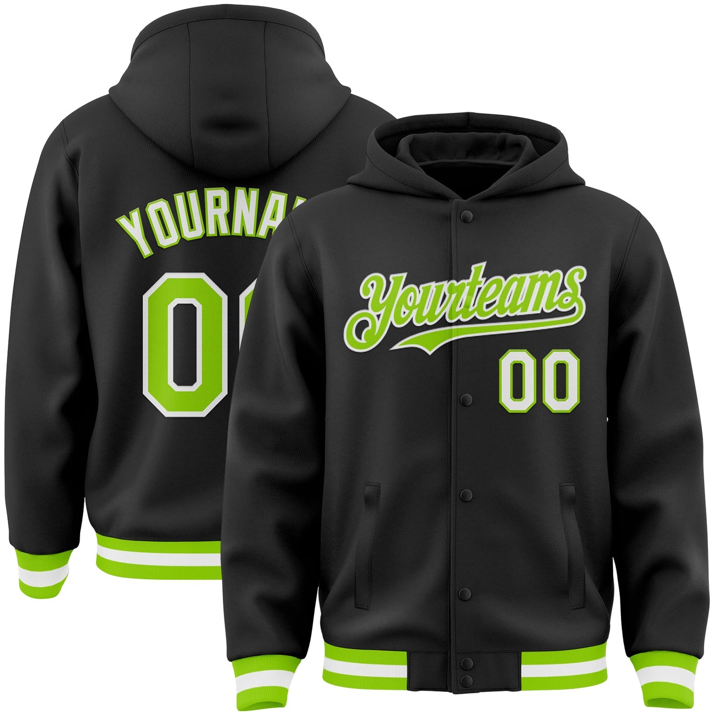 Custom Black Neon Green-White Bomber Full-Snap Varsity Letterman Hoodie Jacket - Main View