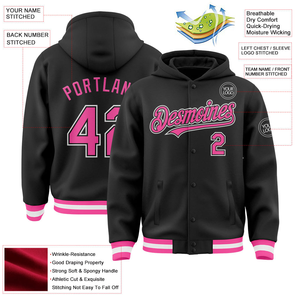Custom Black Pink-White Bomber Full-Snap Varsity Letterman Hoodie Jacket view 3