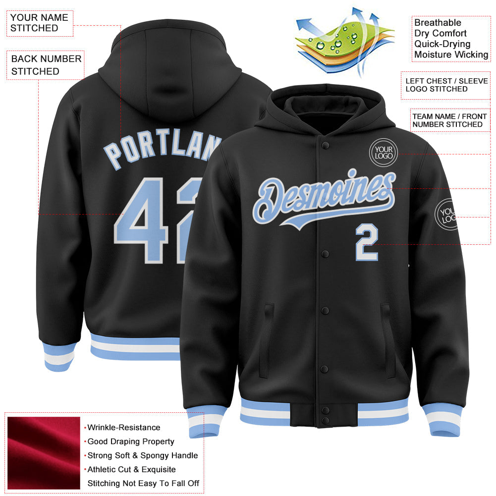 Custom Black Light Blue-White Bomber Full-Snap Varsity Letterman Hoodie Jacket view 3