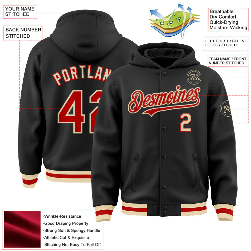 Custom Black Red-Cream Bomber Full-Snap Varsity Letterman Hoodie Jacket view 3