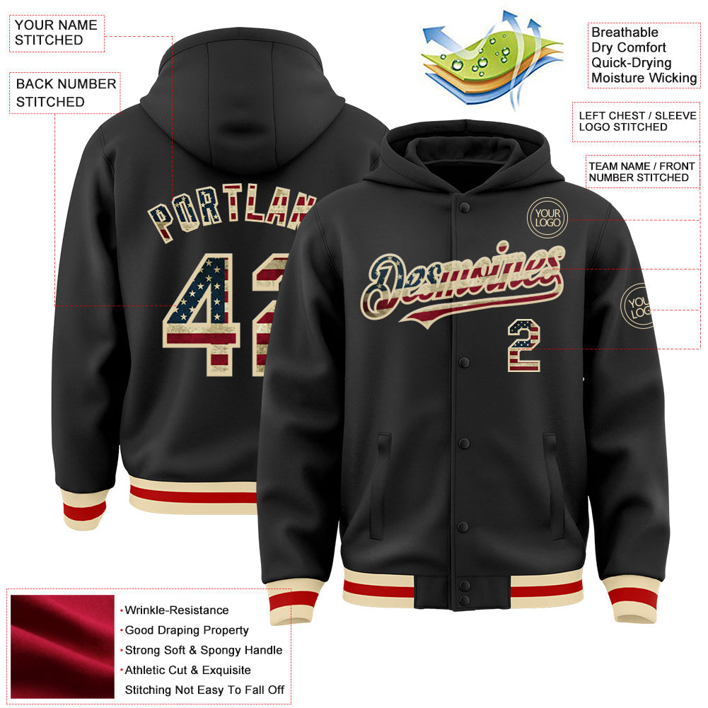 Custom Black Vintage USA Flag Cream-Red Bomber Full-Snap Varsity Letterman Hoodie Jacket view 3