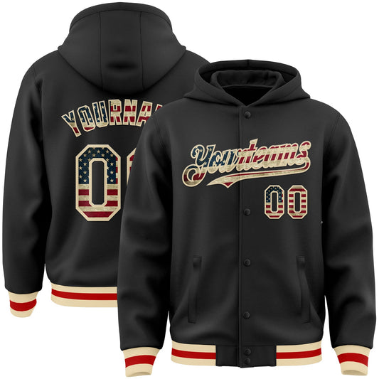 Custom Black Vintage USA Flag Cream-Red Bomber Full-Snap Varsity Letterman Hoodie Jacket - Main View
