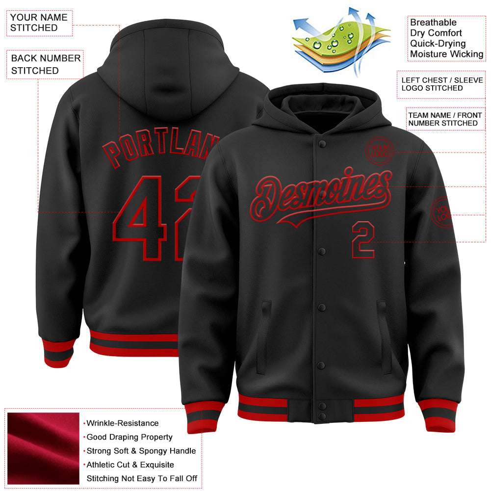 Custom Black Red Bomber Full-Snap Varsity Letterman Hoodie Jacket view 3