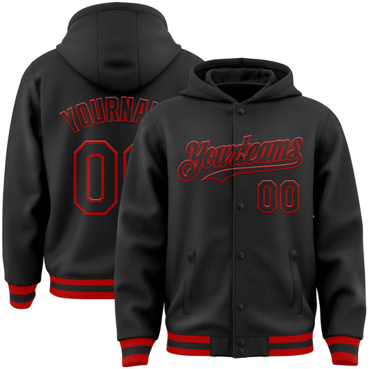 Custom Black Red Bomber Full-Snap Varsity Letterman Hoodie Jacket - Main View