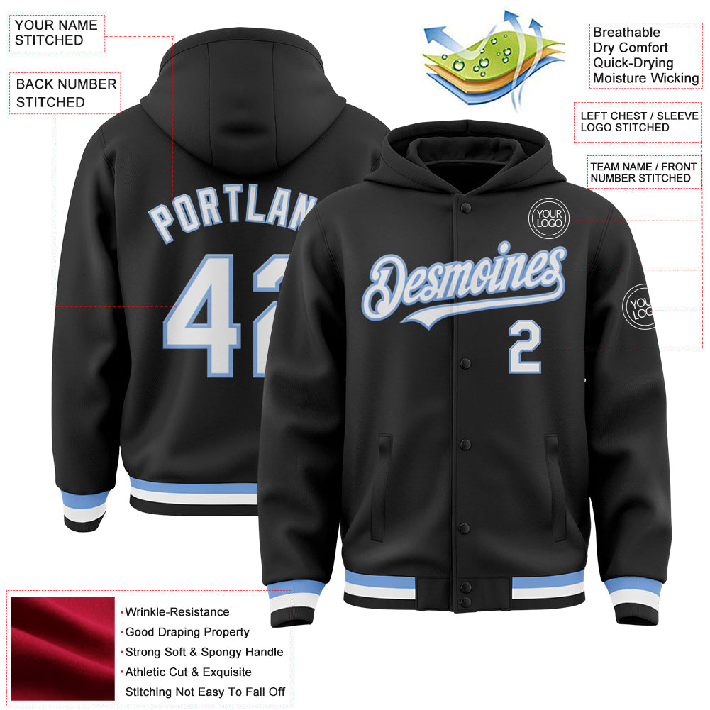 Custom Black White-Light Blue Bomber Full-Snap Varsity Letterman Hoodie Jacket view 3