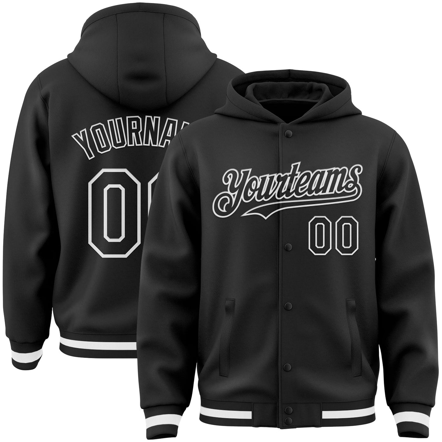 Custom Black White Bomber Full-Snap Varsity Letterman Hoodie Jacket - Main View