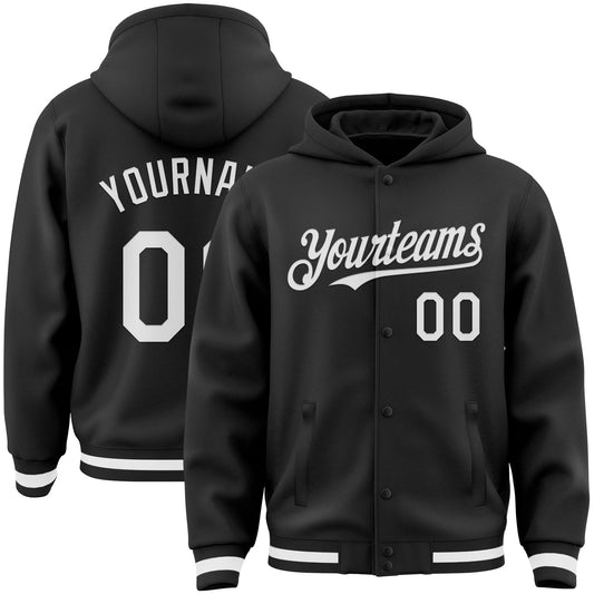 Custom Black White Bomber Full-Snap Varsity Letterman Hoodie Jacket - Main View
