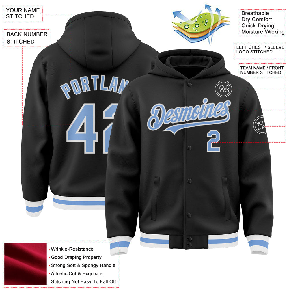 Custom Black Light Blue-White Bomber Full-Snap Varsity Letterman Hoodie Jacket view 3