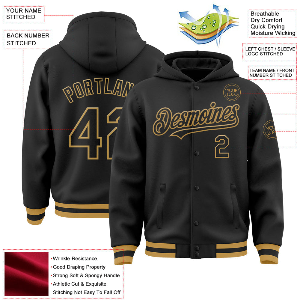 Custom Black Old Gold Bomber Full-Snap Varsity Letterman Hoodie Jacket view 3