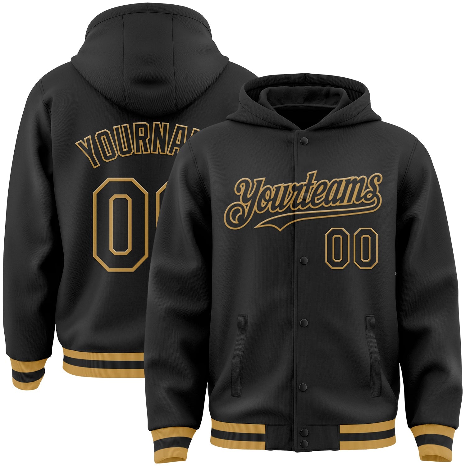 Custom Black Old Gold Bomber Full-Snap Varsity Letterman Hoodie Jacket - Main View