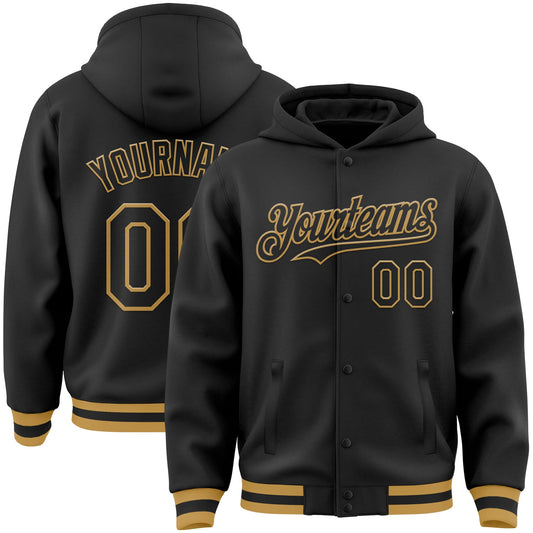 Custom Black Old Gold Bomber Full-Snap Varsity Letterman Hoodie Jacket - Main View